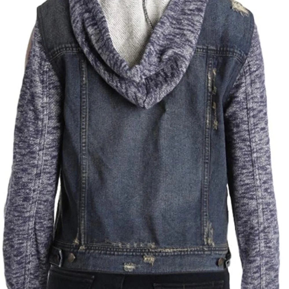 NWT Free People Knit Sleeve Jean Jacket Distressed Denim Blues - Picture 2 of 3